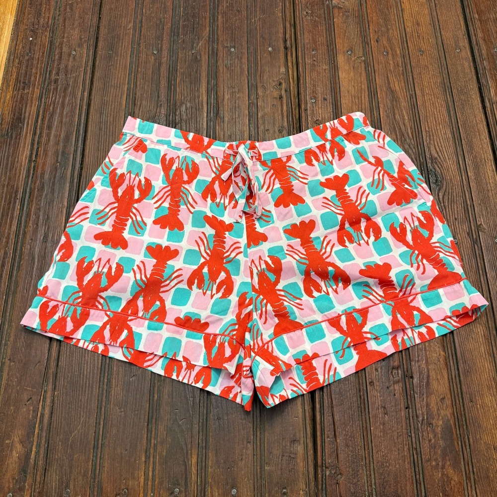 Bouffants & Broken Hearts Lobster Print Pajama Shorts Pink Teal Red Large Coast
